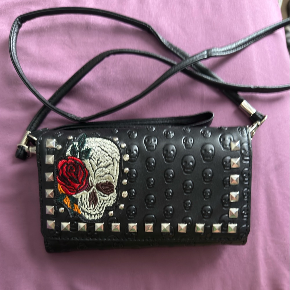 Studded Black Skull and Rose Women's Bag
